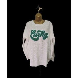 St Patricks Day Irish Lucky Spellout White Embroidered Green Sweater Womens XL